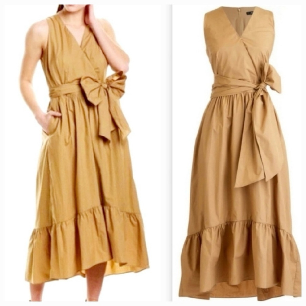 J Crew Faux Wrap Camel Tan Sleeveless Dress Cotton Spring Summer Bow Easter